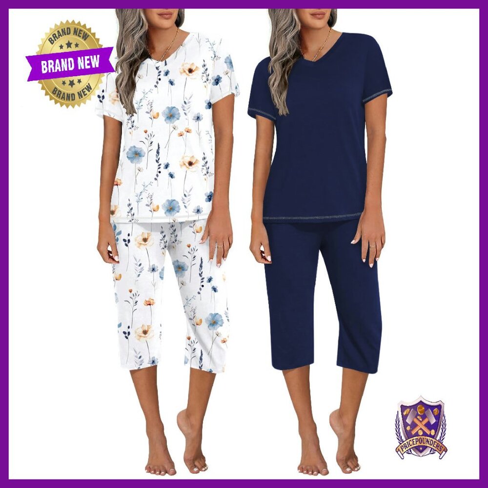 2-Pack Capri Pajama Sets V-Neck Tops & Pants Lounge Sleepwear S-3XL